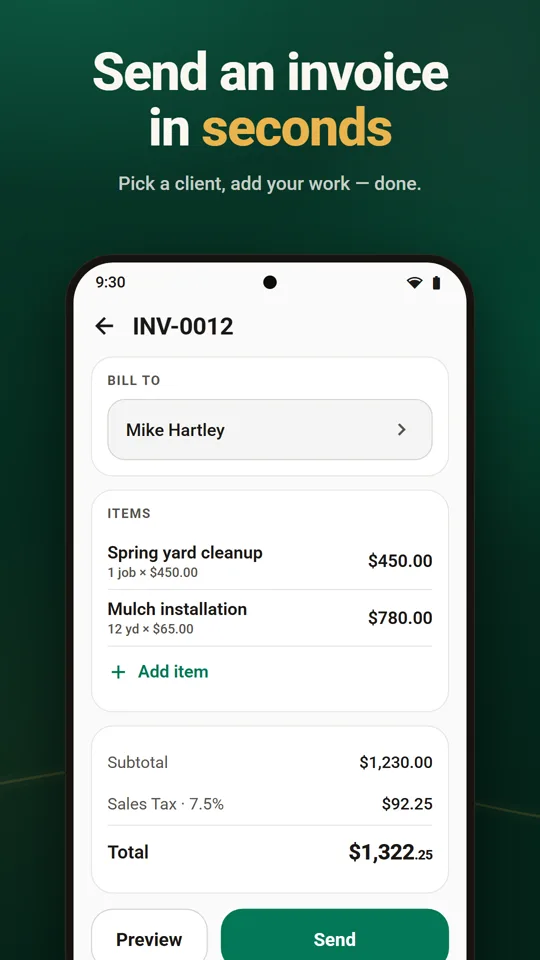 Send an invoice in seconds with the Paydirt editor